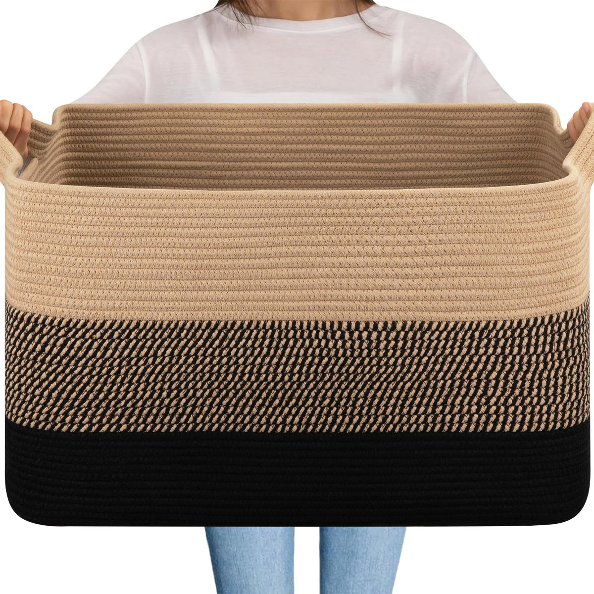 OIAHOMY Extra Large Blanket Basket, 110L Cotton Rope Woven Laundry Basket, Toy Bin for Baby Room, Container for Blanket Storage in Living Room, 24.8''×17.3''×15.8'', Gradient Grey