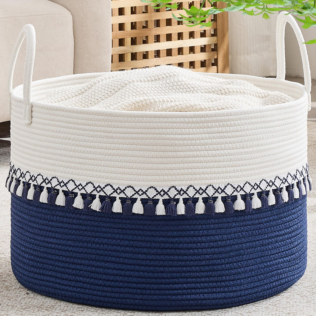 KAKAMAY Large Blanket Basket with Handles, Storage Basket for Living Room