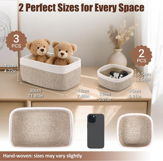 5-Pack Small Woven Rope Storage Baskets, 2 Sizes Organizer Bins