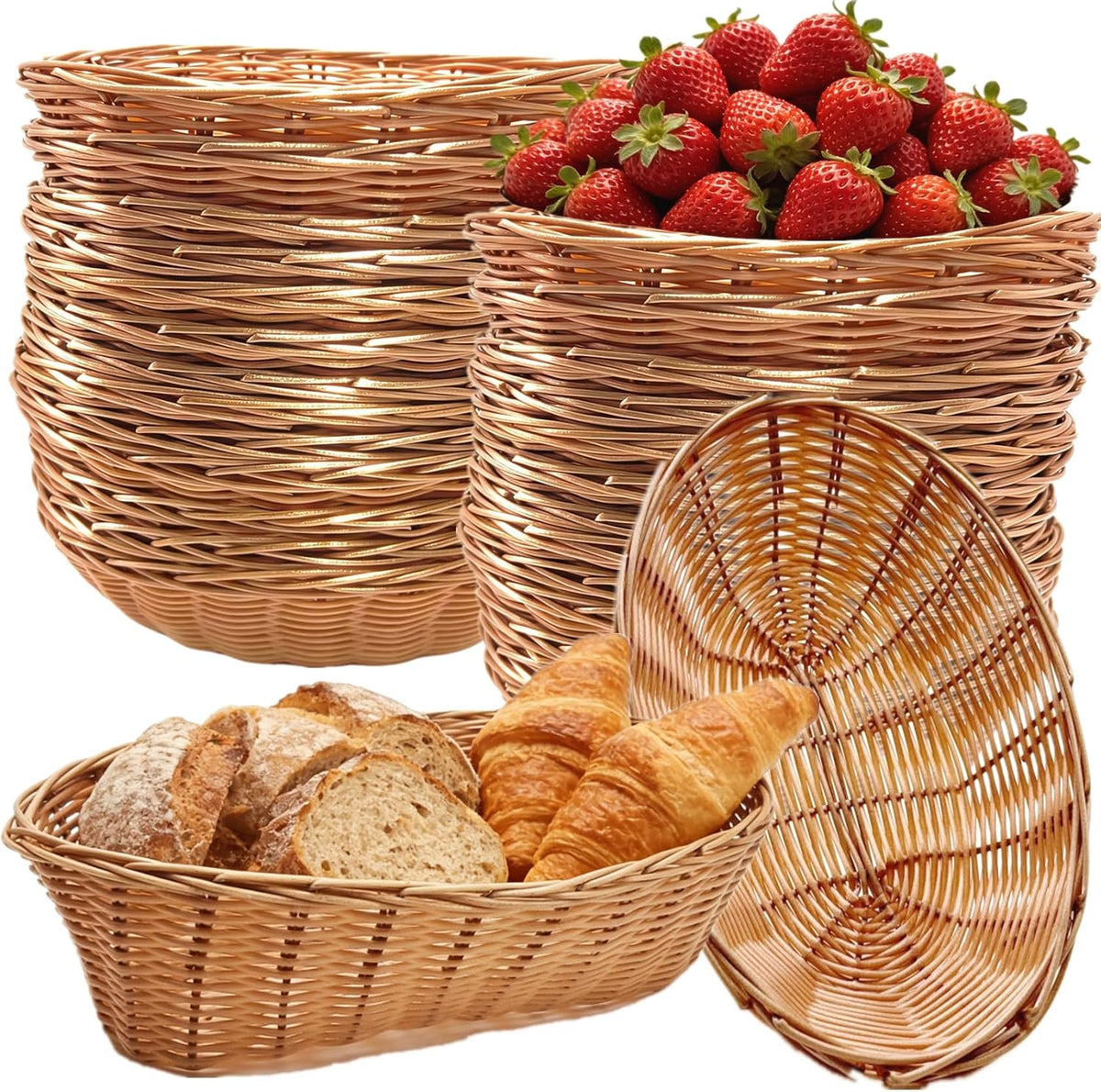 16 Pack Bread Basket for Serving, Oval Wicker Small Gift Baskets, Plastic Empty Tabletop Fruit Vegetables Serving Baskets for Wedding, Mother's day, Christmas, Restaurant, 8.6 x 6.5 Inch
