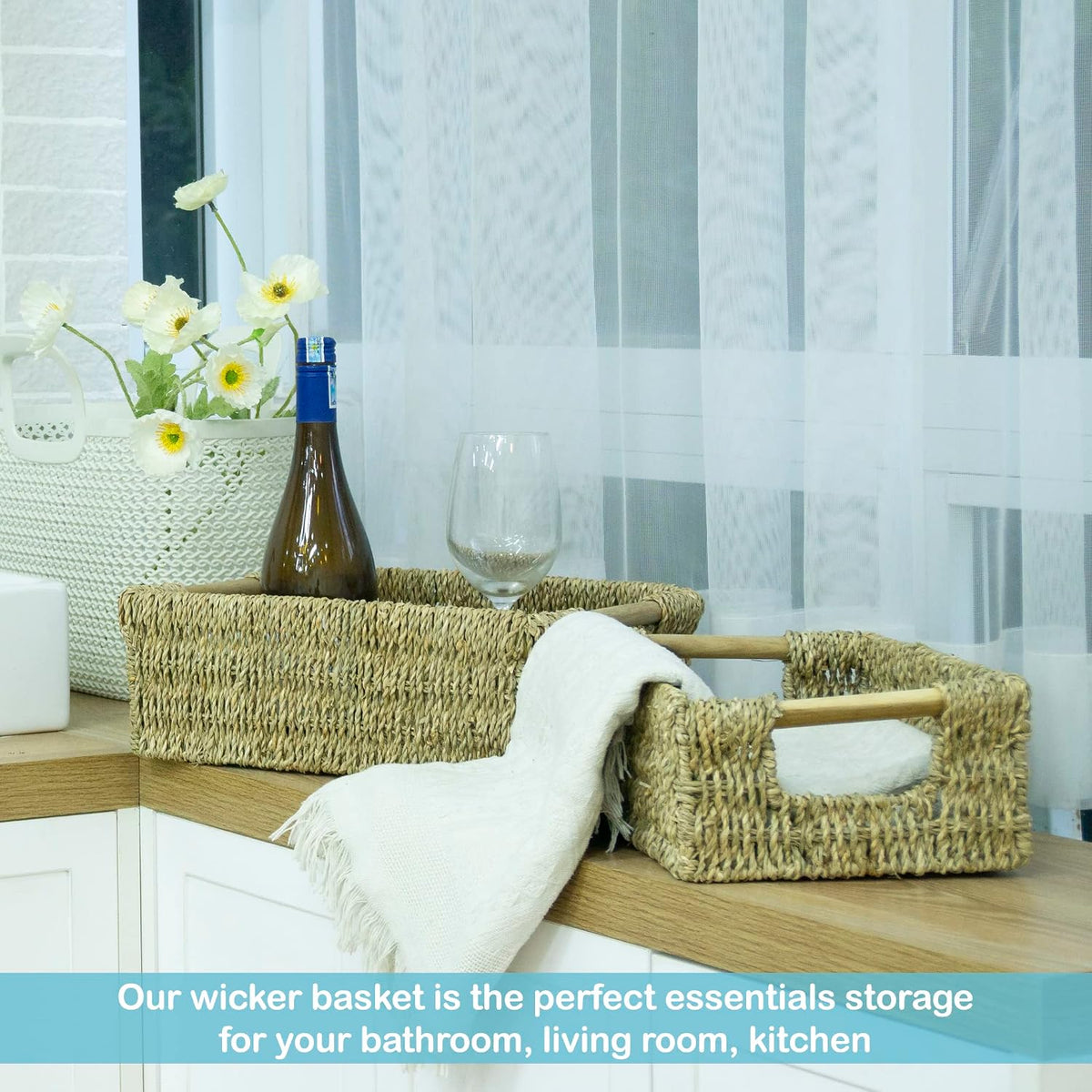 VATIMA Seagrass Baskets with Wooden Handles, Set of 3 Decorative Natural Wicker Baskets for Kitchen
