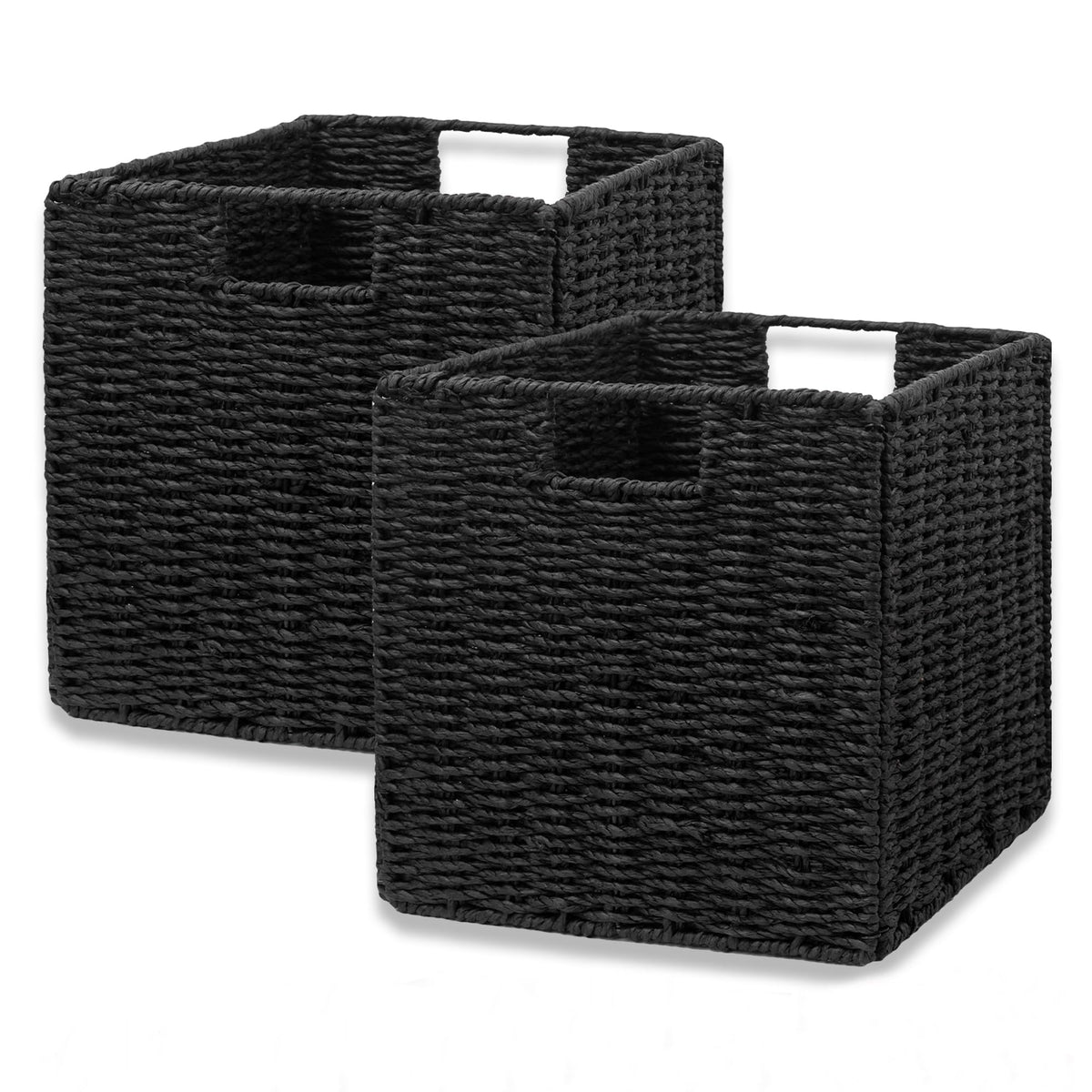 Vagusicc Wicker Basket, Set of 2 Hand-Woven Paper Rope Storage Baskets for Organizing, Foldable Cubby Storage Bins, 11 Inch Large Wicker Storage Basket, Square Baskets Cube Storage Organizer, Brown