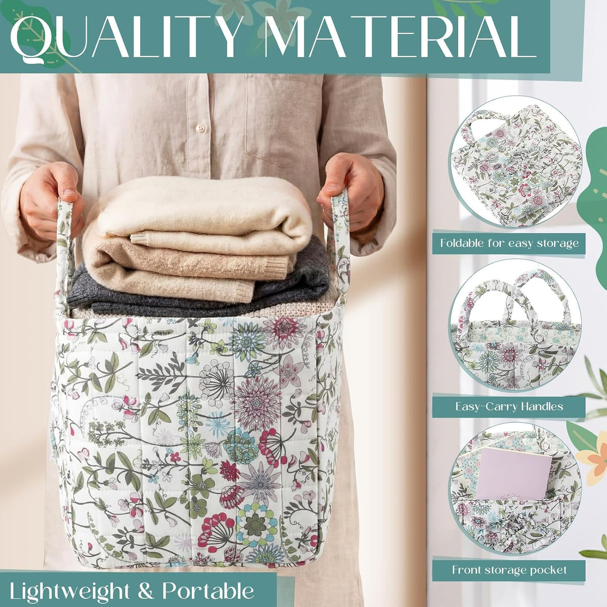 2 Pcs Quilted Fabric Storage Basket with Handles Large Capacity Laundry Basket Boho Foldable Floral Laundry Organizer Bin for Home Picnic Shopping Travel