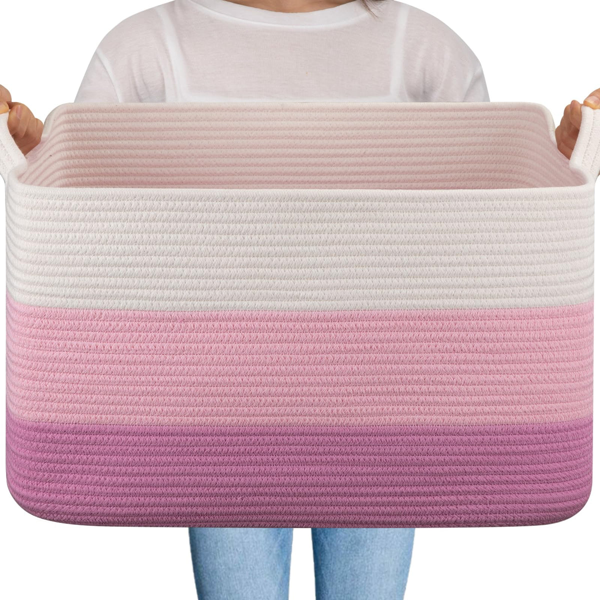 OIAHOMY Extra Large Blanket Basket, 110L Cotton Rope Woven Laundry Basket, Toy Bin for Baby Room, Container for Blanket Storage in Living Room, 24.8''×17.3''×15.8'', Gradient Grey