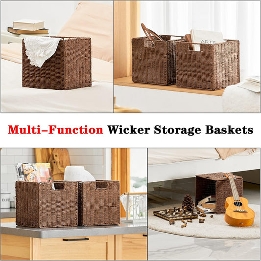 Vagusicc Wicker Basket, Set of 2 Hand-Woven Paper Rope Storage Baskets for Organizing, Foldable Cubby Storage Bins, 11 Inch Large Wicker Storage Basket, Square Baskets Cube Storage Organizer, Brown