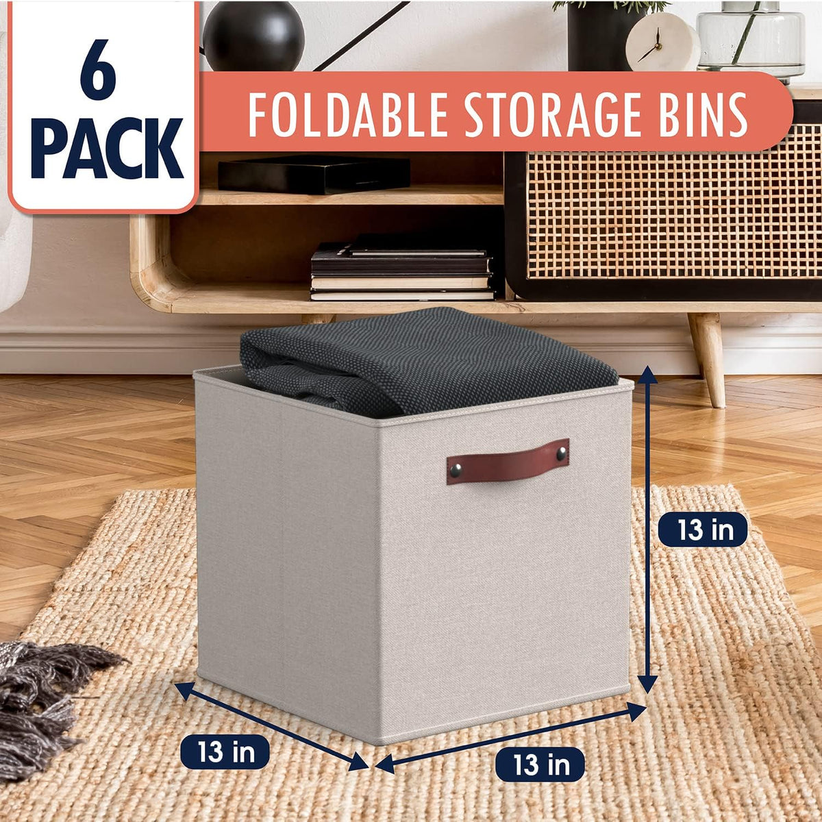Ornavo Home 13x13 Foldable Fabric Storage Cube Bins, 6 Pack, Beige