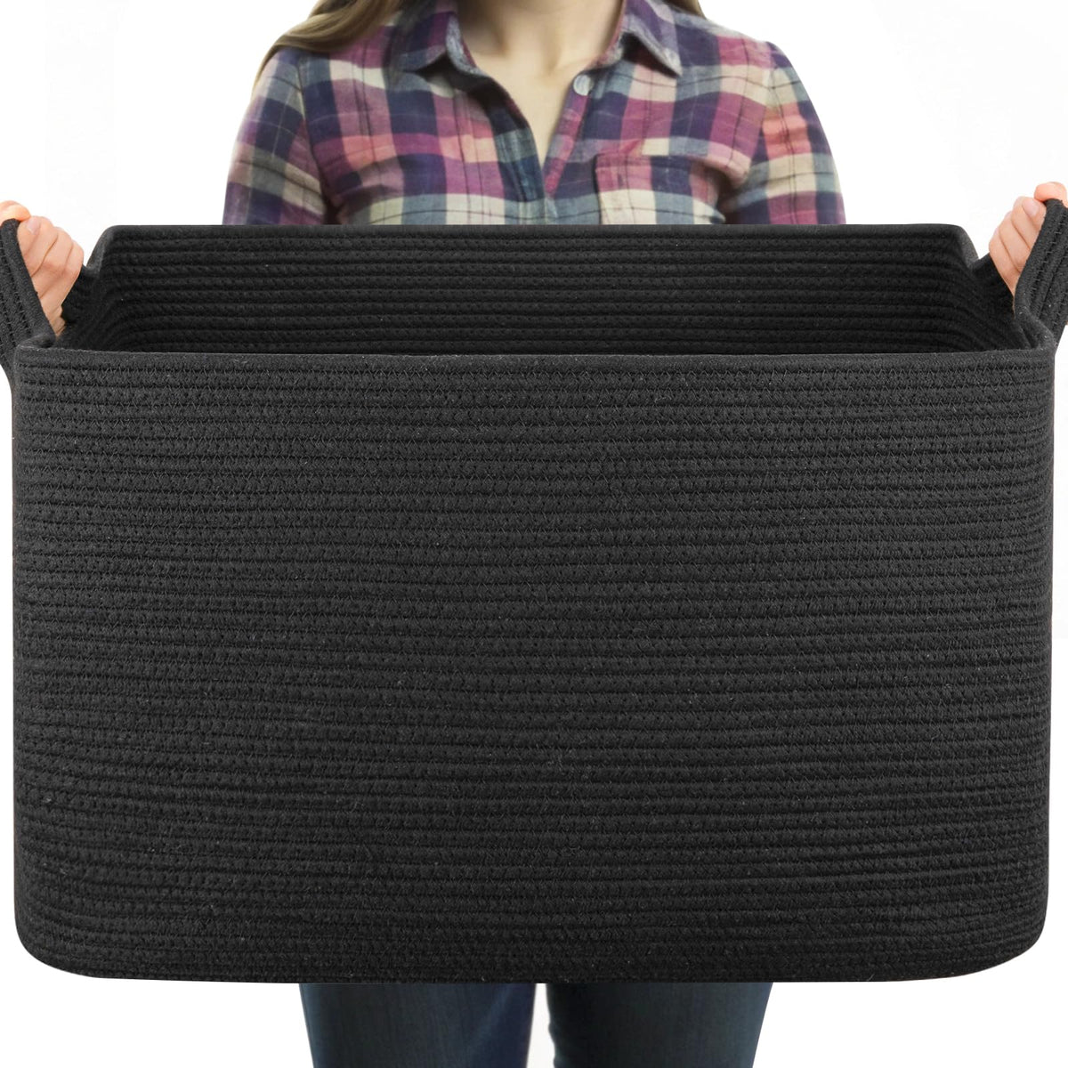 OIASKET Large Blanket Basket, Black Blanket Storage Living Room, Rectangle Woven Baskets for Storage Toys, Towels, Dirty Clothes Organizer Bins (Black)