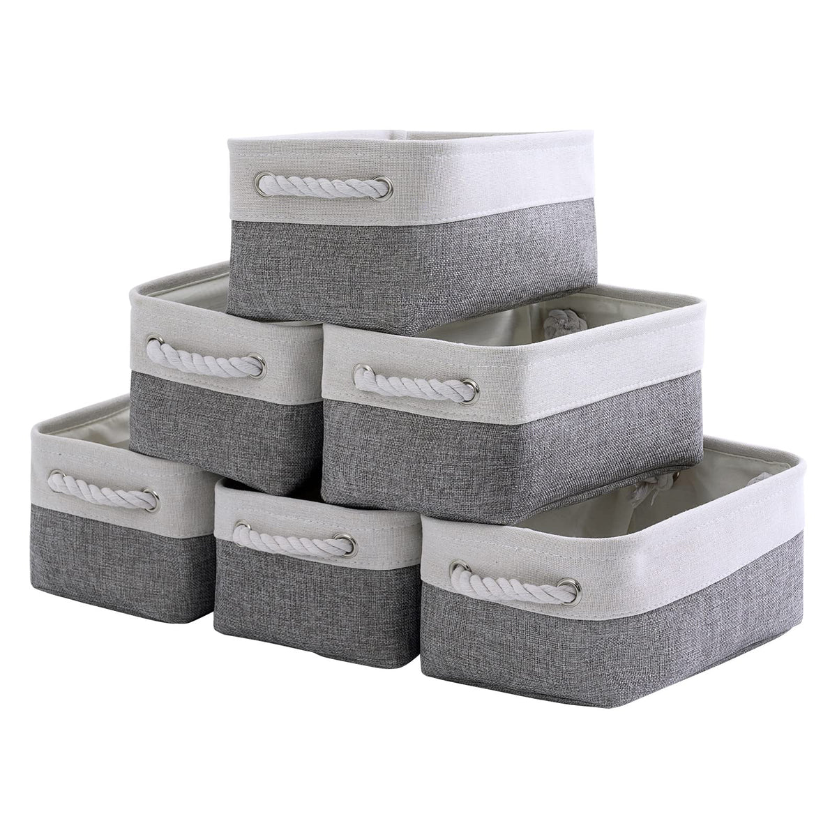 TheWarmHome Storage Basket for Organizing - 14x10x7 inch Medium 3 Pack Collapsible Storage Bin for Shelves with Handles, Canves Storage Box for Organizer Cubes Cloth Gift Toy Closet (White & Khaki)
