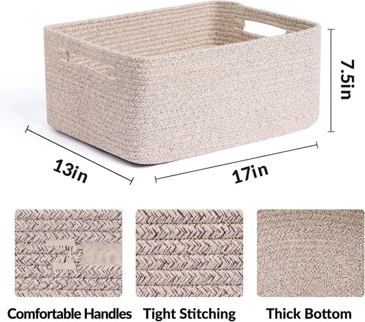 MiniArk Large Storage Baskets for Organizing, 17 x 13 x 7.5” Closet Shelf Baskets for Clothes Blanket Towels, Baby Nursery, Toy Bins Box, Woven Rope Baskets, 4 Packs Mixed Brown