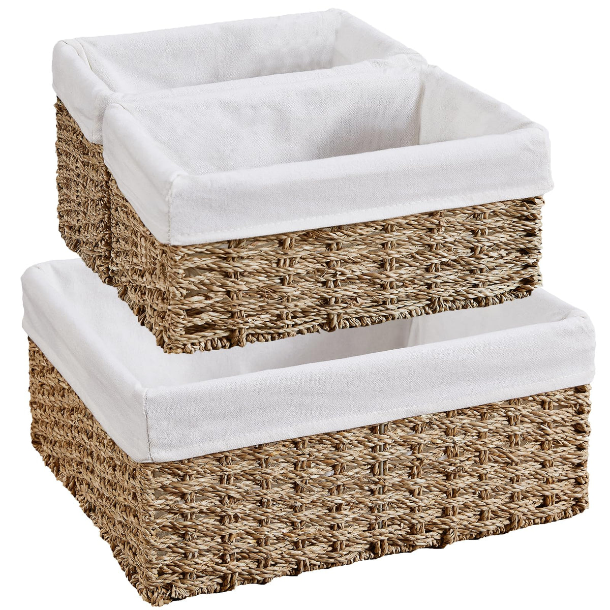 Vagusicc Wicker Storage Basket, 3-Pack Woven Paper Rope Wicker Baskets with Handles, Large Wicker Basket Cube Storage Bins with Liners, Storage Baskets for Organizing Shelves & Decor, Natural