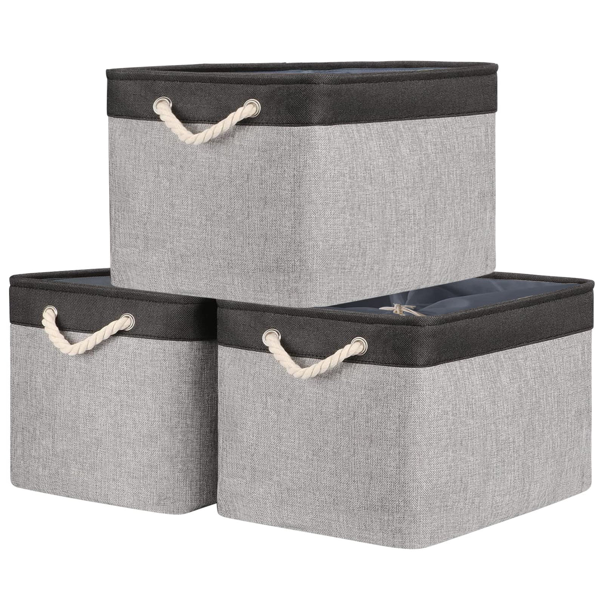 TheWarmHome Storage Basket for Organizing - 14x10x7 inch Medium 3 Pack Collapsible Storage Bin for Shelves with Handles, Canves Storage Box for Organizer Cubes Cloth Gift Toy Closet (White & Khaki)