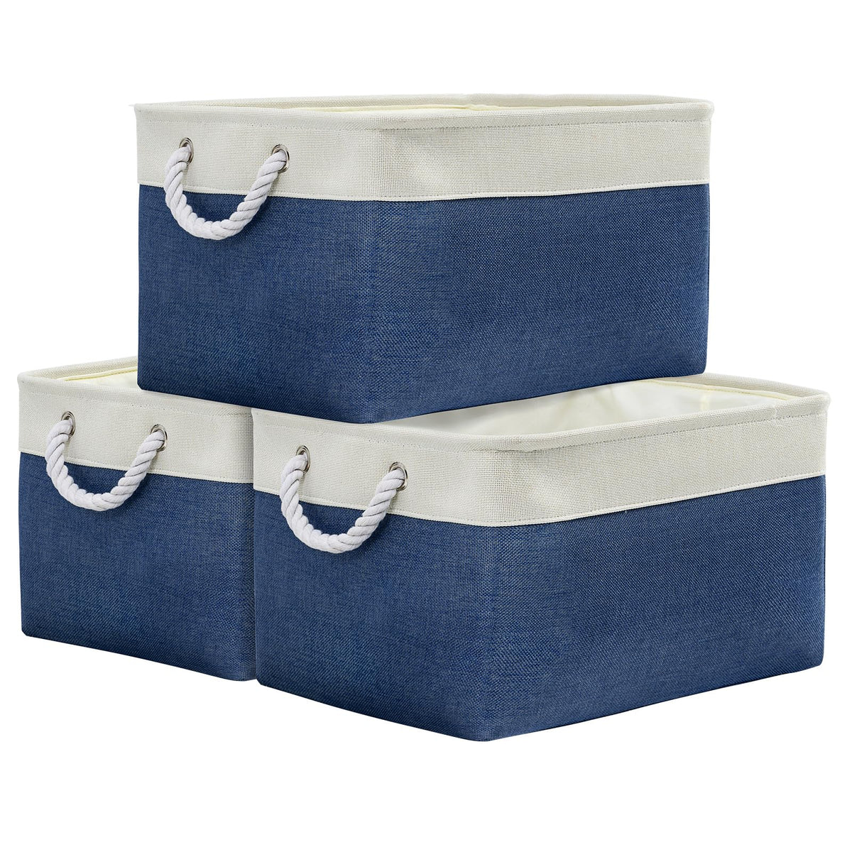 TheWarmHome Storage Basket for Organizing - 14x10x7 inch Medium 3 Pack Collapsible Storage Bin for Shelves with Handles, Canves Storage Box for Organizer Cubes Cloth Gift Toy Closet (White & Khaki)
