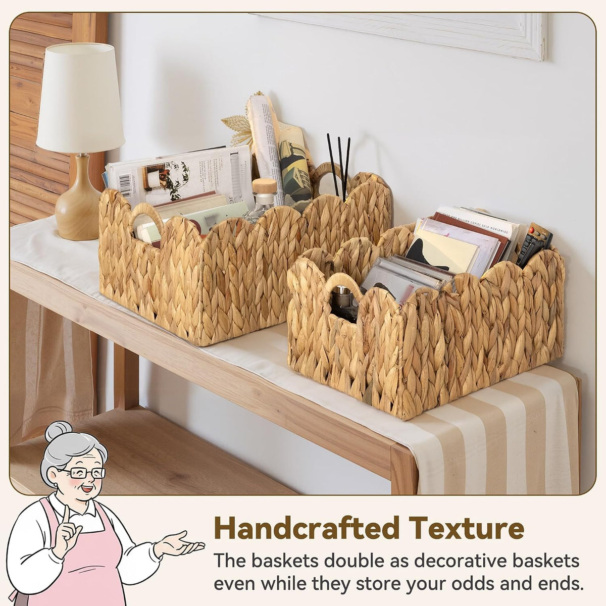 GRANNY SAYS Wicker Storage Basket for Shelves, Scalloped Baskets for Pantry