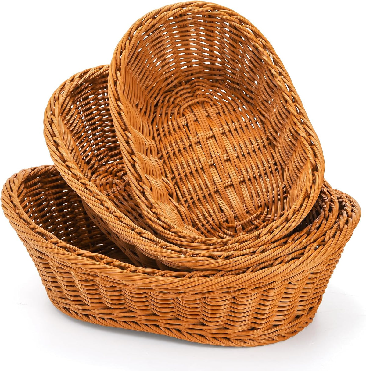 Yarlung 3 Pack Small Woven Breads Baskets, Oval Fruit Baskets Stackable Plastic Wicker Basket for Serving Vegetables, Kitchen, Restaurant, Outdoor, Imitation Rattan Brown, 3 Sizes