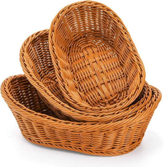 Yarlung 3 Pack Small Woven Breads Baskets, Oval Fruit Baskets Stackable Plastic Wicker Basket for Serving Vegetables, Kitchen, Restaurant, Outdoor, Imitation Rattan Brown, 3 Sizes