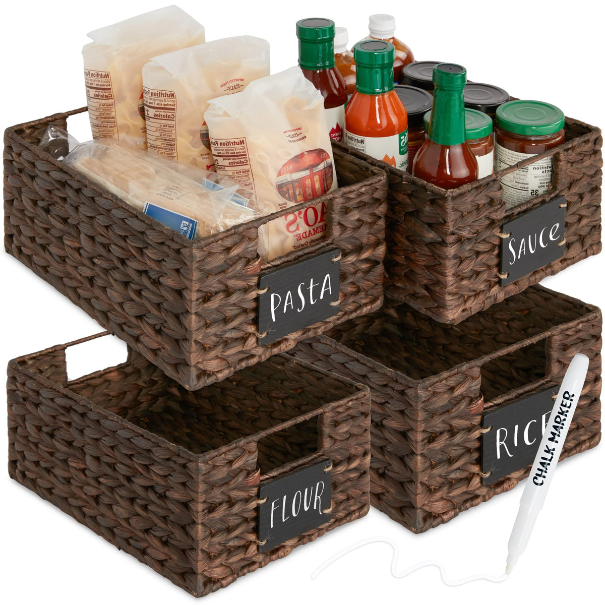 Best Choice Products Set of 4 9x12in Water Hyacinth Pantry Baskets, Woven Organizers w/Chalkboard Label, Chalk Marker - Natural