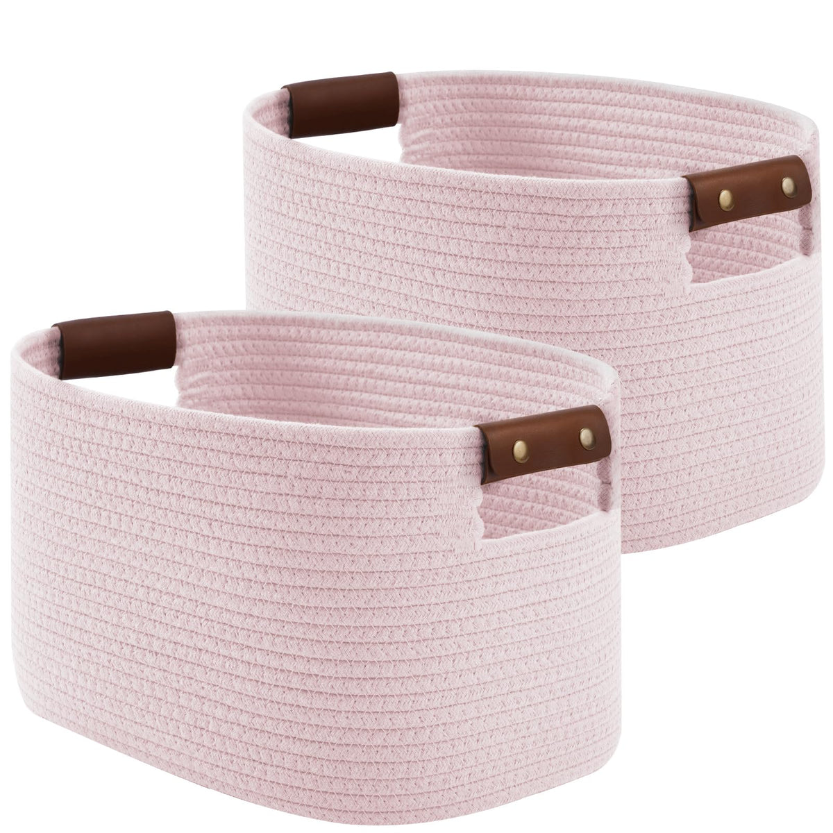ECDYQXVU 15x10x9 Woven Cotton Rope Storage Basket, Leather Handles 1 Pack