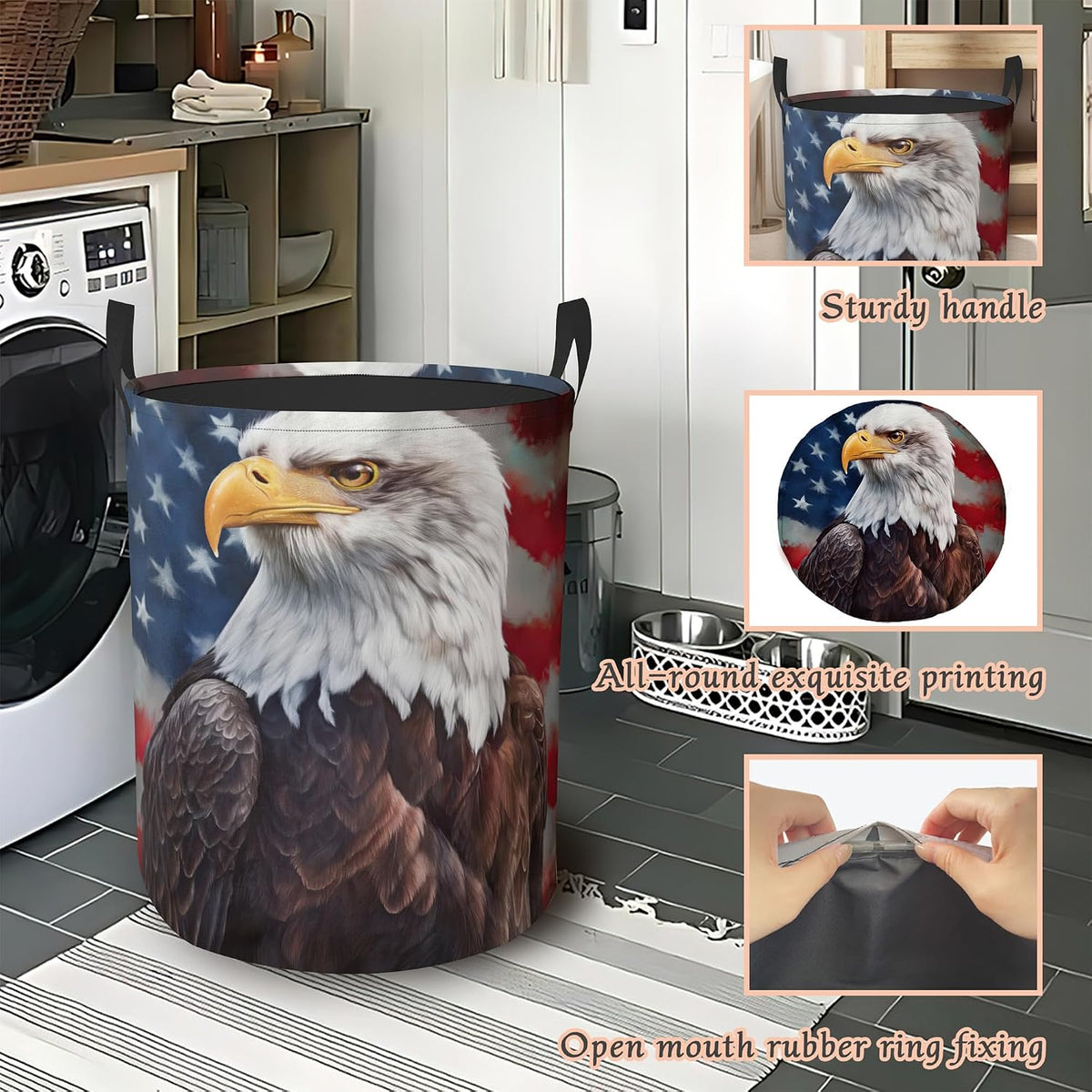 Retro Eagle Flag Laundry Basket,Foldable Oxford Cloth Laundry Hamper with Handles Waterproof Dirty Clothes Storage Basket for Bathroom Bedroom Dorm Room 16" x 20.8"