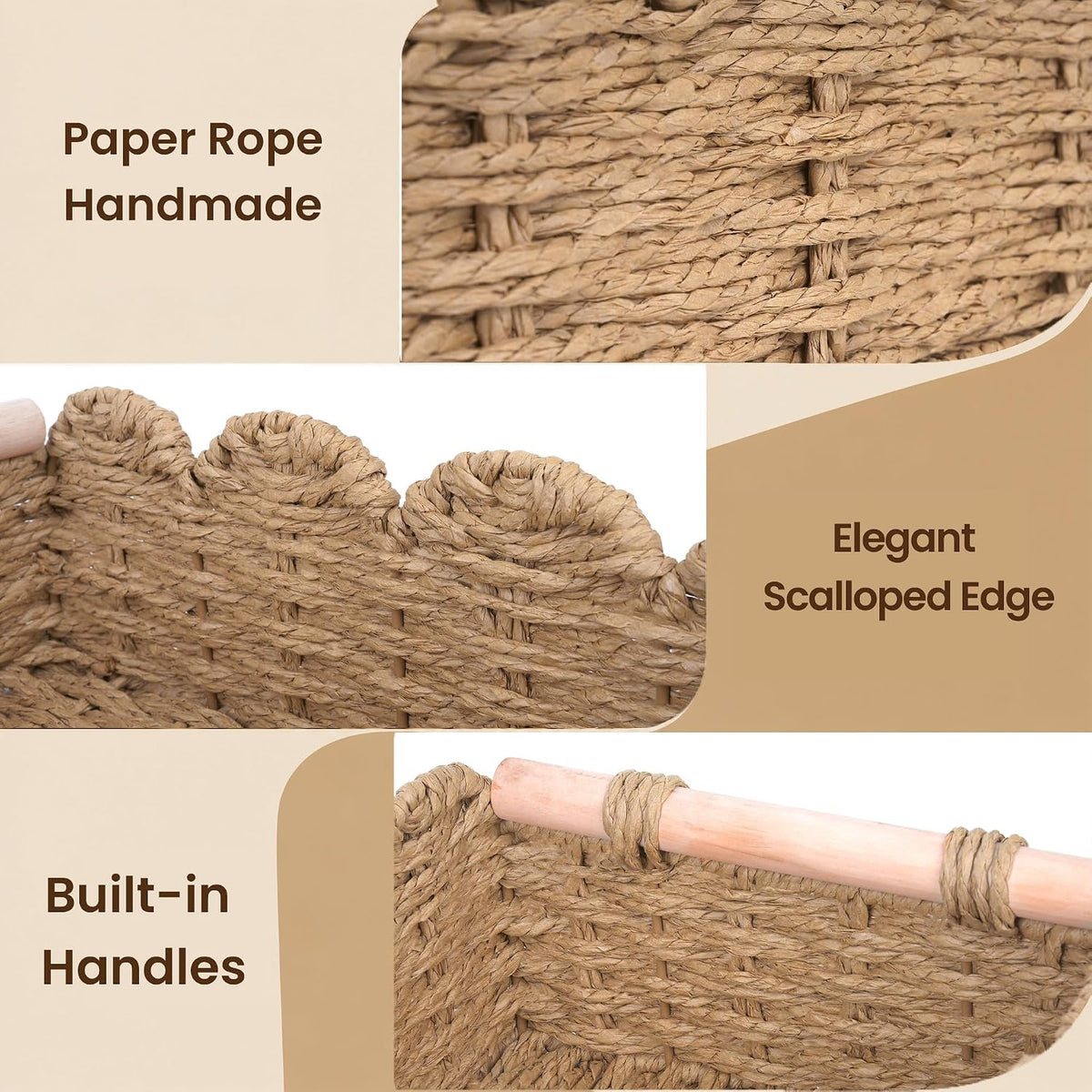 iEGrow Paper Rope Small Storage Baskets for Organizing, Set of 2 Scalloped Edge Wicker Basket with Wooden Handles Toilet Paper Basket for Over Toilet Storage Shelf, Home Decor, Living Room (Neutral)