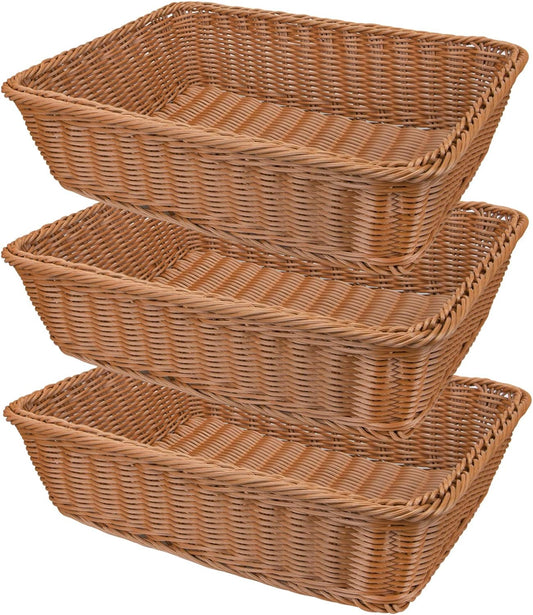 Yarlung 3 Pack Imitation Rattan Woven Bread Baskets, 11.8 x 7.8 Inch Plastic Wicker Fruit Baskets for Food Serving, Vegetables, Kitchen, Restaurant, Outdoor, Brown