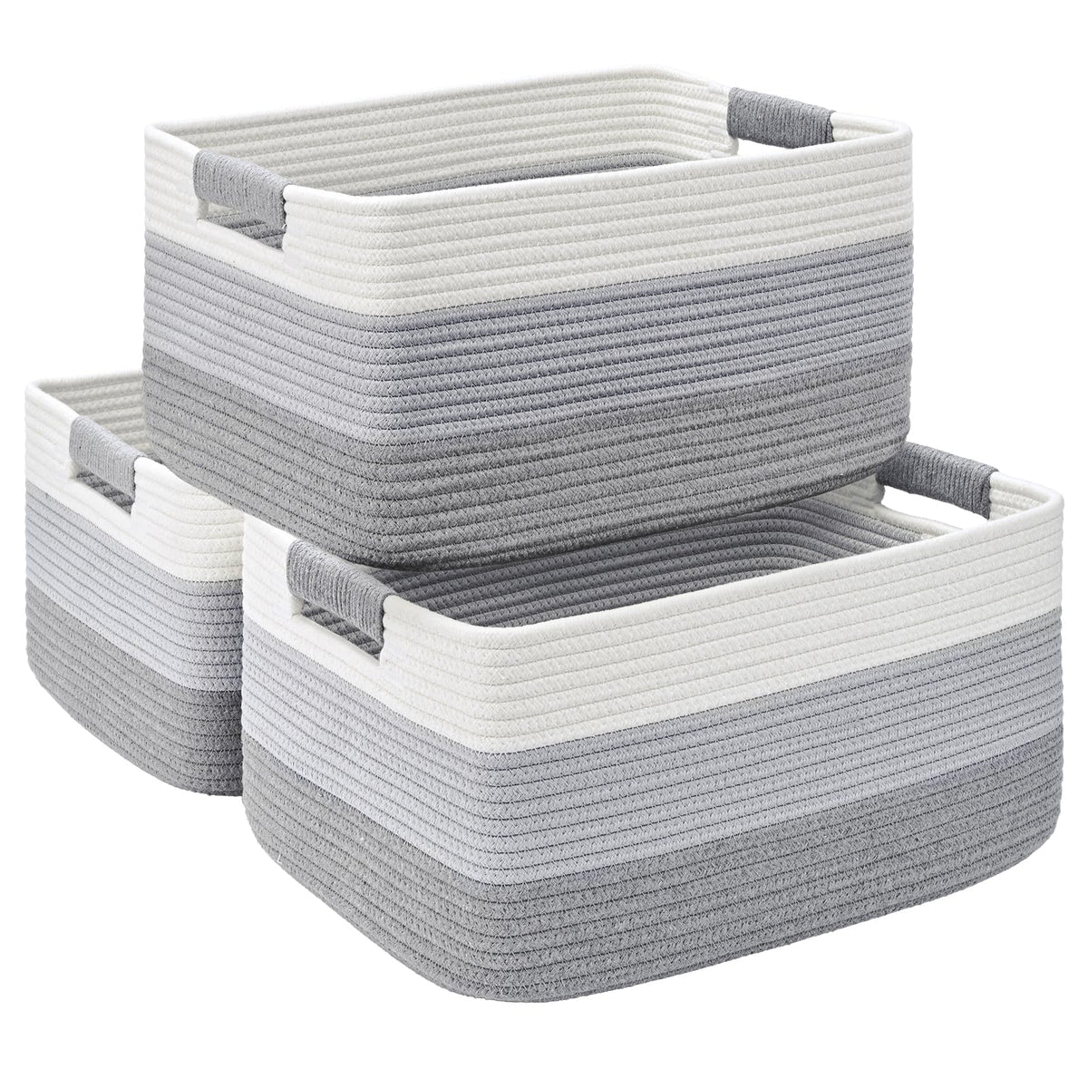 2 Pack Large Storage Basket for Organizing, 17.5"x13"x7" Woven Basket for Shelves, Closet Cube Storage Bins with Wrapped Handle, Cotton Rope Baskets for Kitchen, Clothes, Toys(Off White & Brown)