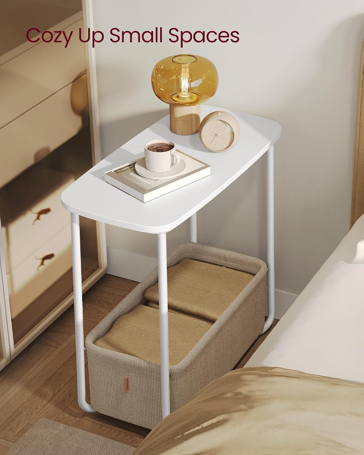 VASAGLE Small Rectangular Side End Table, Nightstand with Fabric Basket