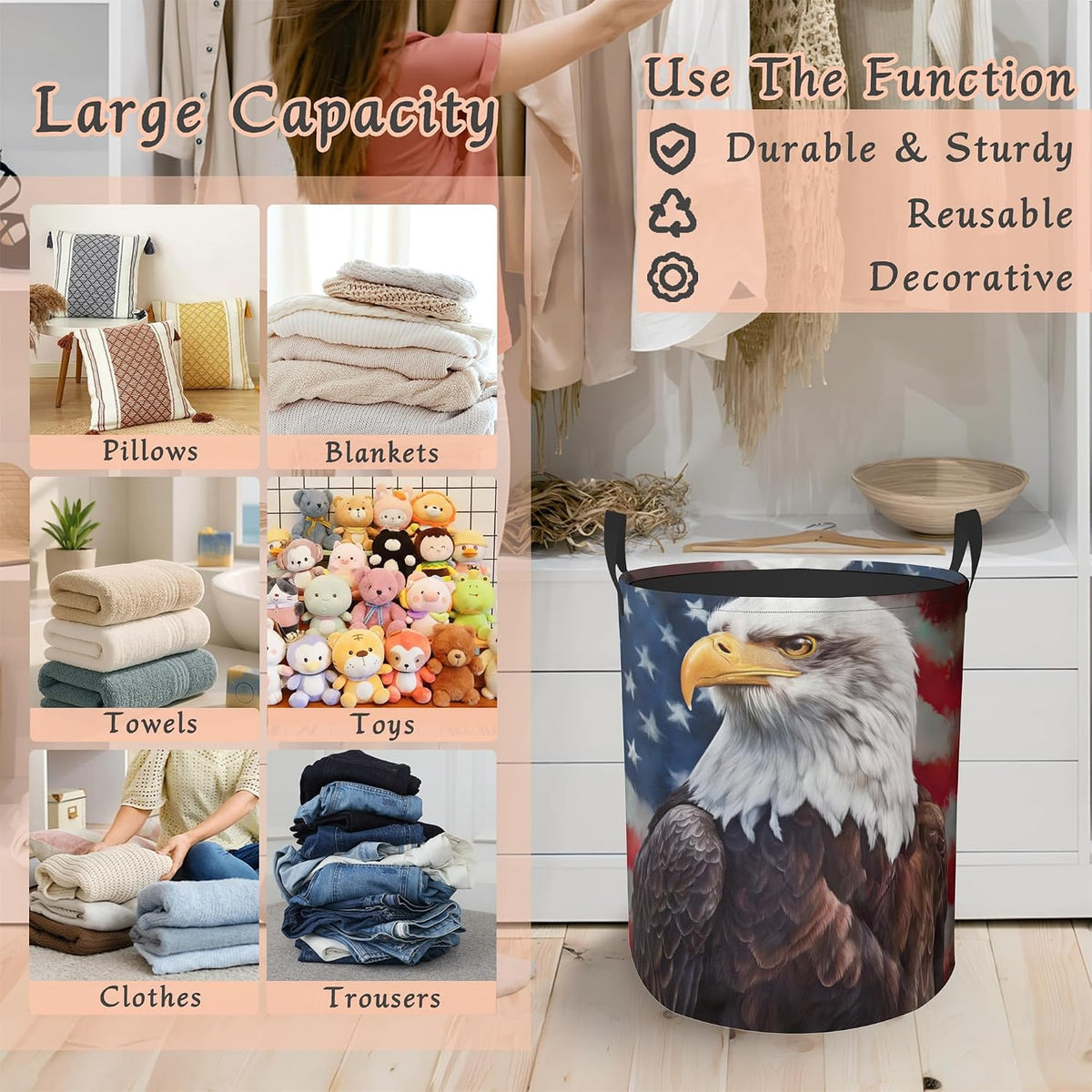 Retro Eagle Flag Laundry Basket,Foldable Oxford Cloth Laundry Hamper with Handles Waterproof Dirty Clothes Storage Basket for Bathroom Bedroom Dorm Room 16" x 20.8"