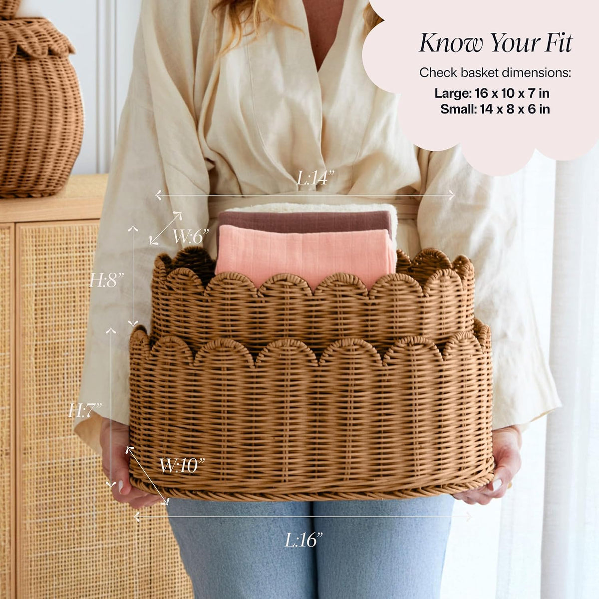 BEBE BASK Premium Scalloped Basket Set of 2 (16x10x7 In) - Storage Baskets