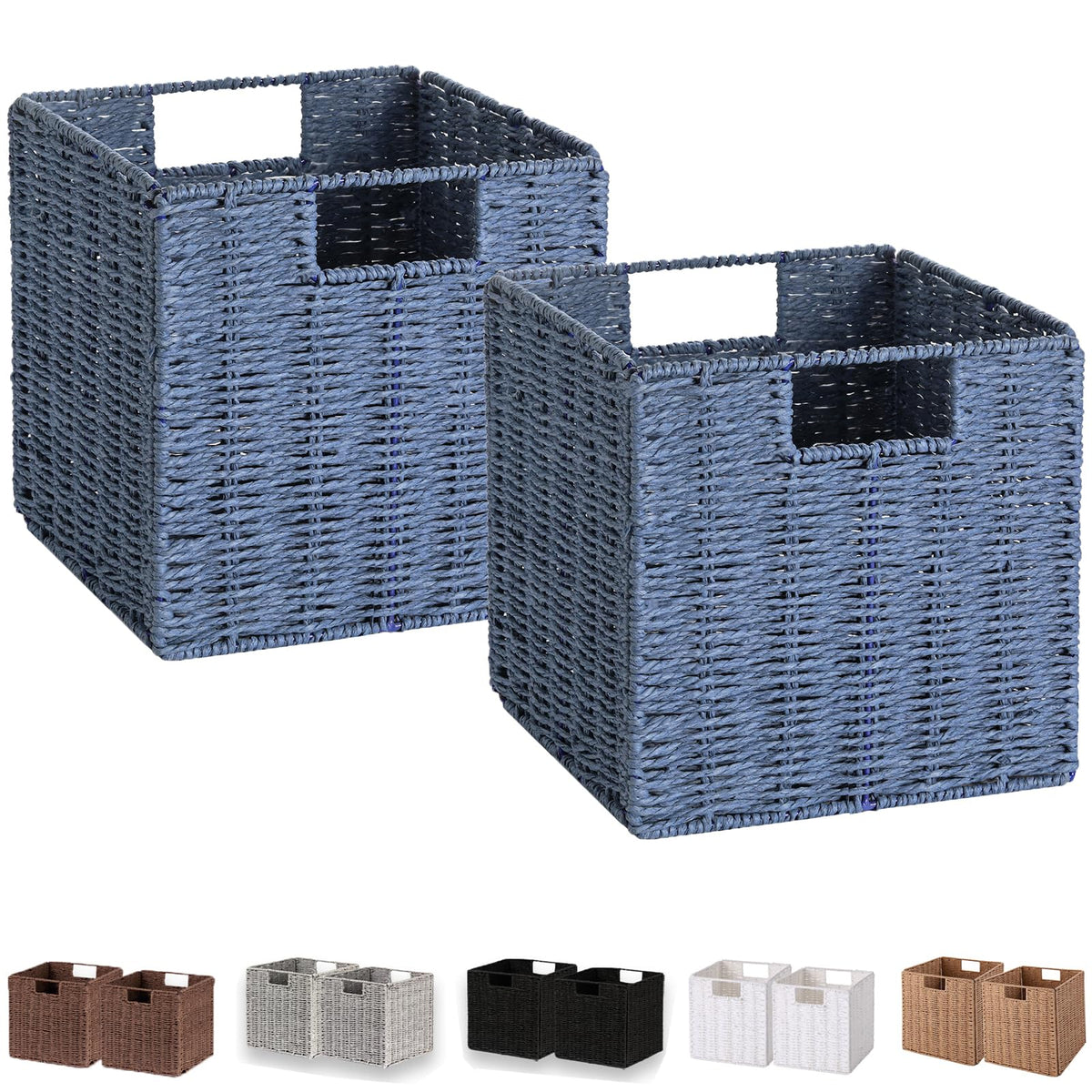 Vagusicc Wicker Basket, Set of 2 Hand-Woven Paper Rope Storage Baskets for Organizing, Foldable Cubby Storage Bins, 11 Inch Large Wicker Storage Basket, Square Baskets Cube Storage Organizer, Brown
