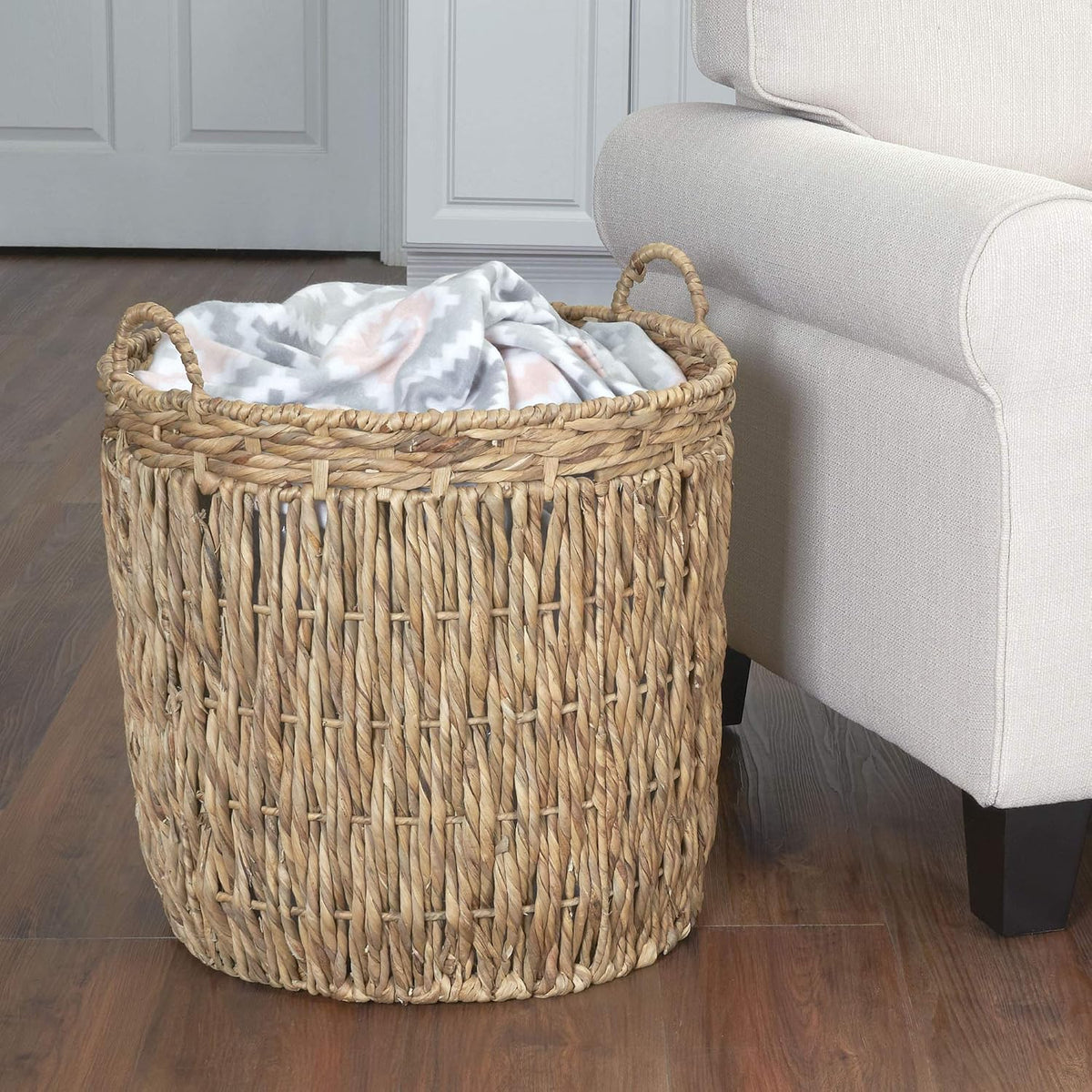 Household Essentials Tall Wicker Floor Basket, Woven Decorative Basket with Handles, Handmade, Great for Laundry and Storage, Natural