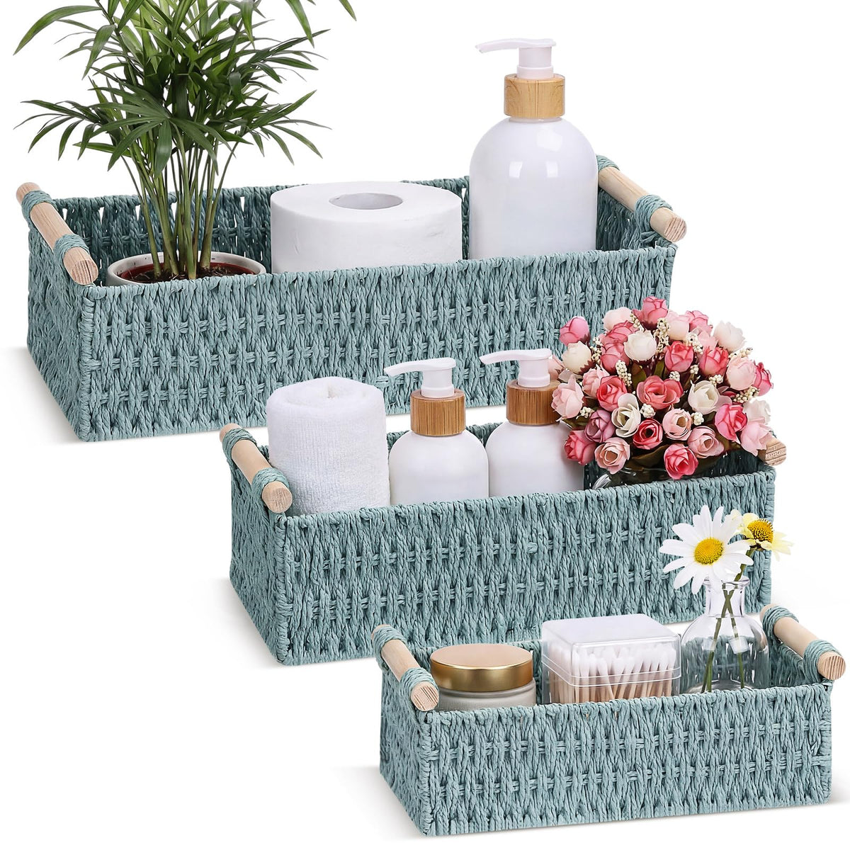Boao 3 Pcs Boho Storage Wicker Baskets Handmade Woven Decorative Paper Rope Baskets for Organizing with Handle Countertop Toilet Paper Storage Container for Toilet Tank Top