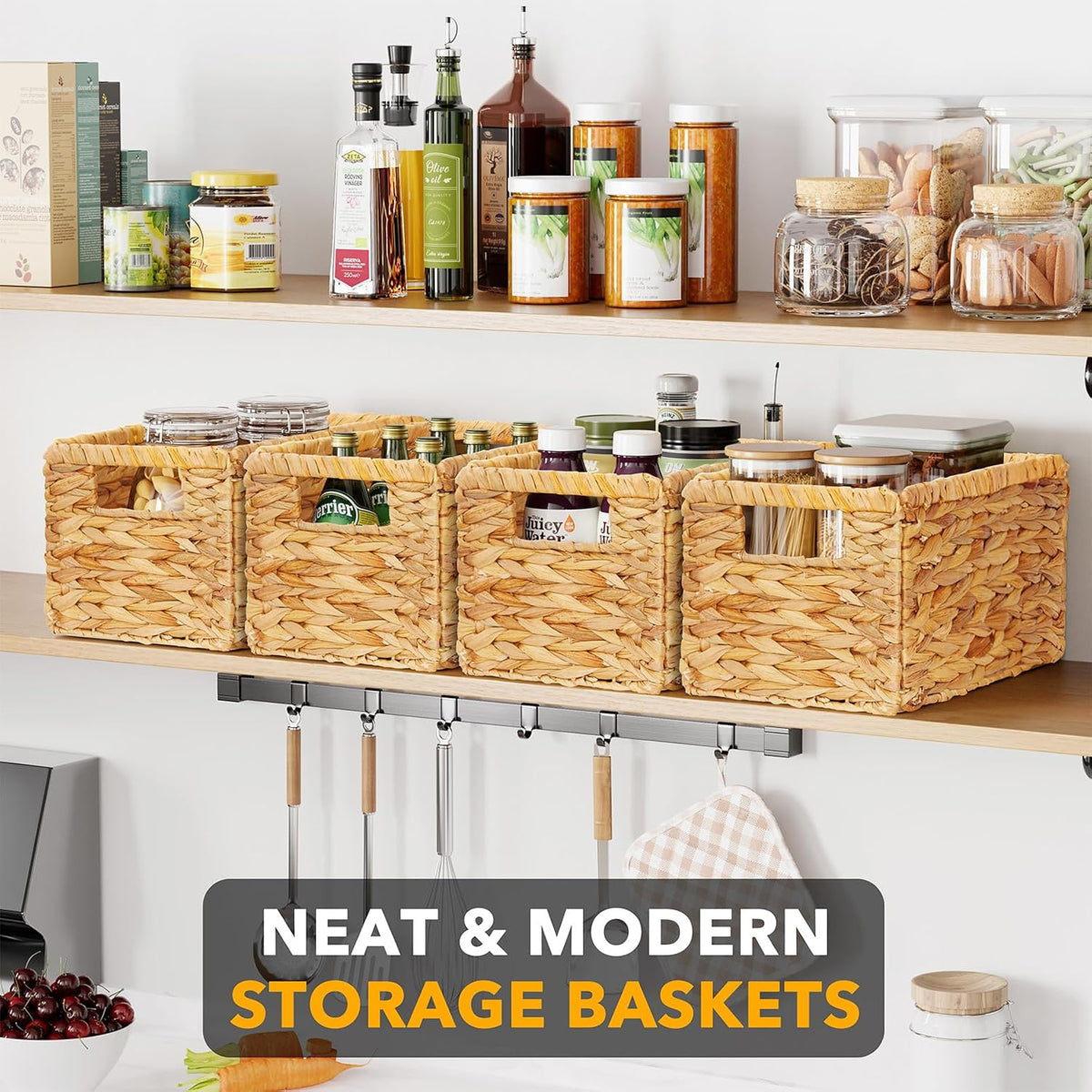 SpaceAid 4 Pack Wicker Basket, Storage Baskets for Organizing, Woven Rattan Basket with Handles for Shelves, Water Hyacinth Large Cube Organizer Storage Bin, 13x8.2x7 inch, Natural