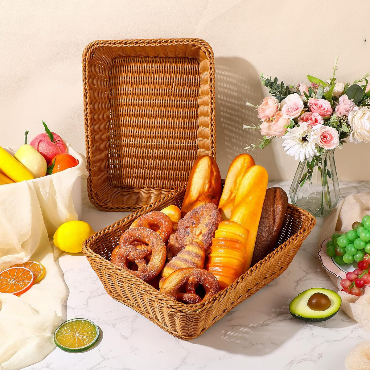 6 Pcs 17.7 in Large Wicker Bread Baskets, Woven Serving Basket for Kitchen