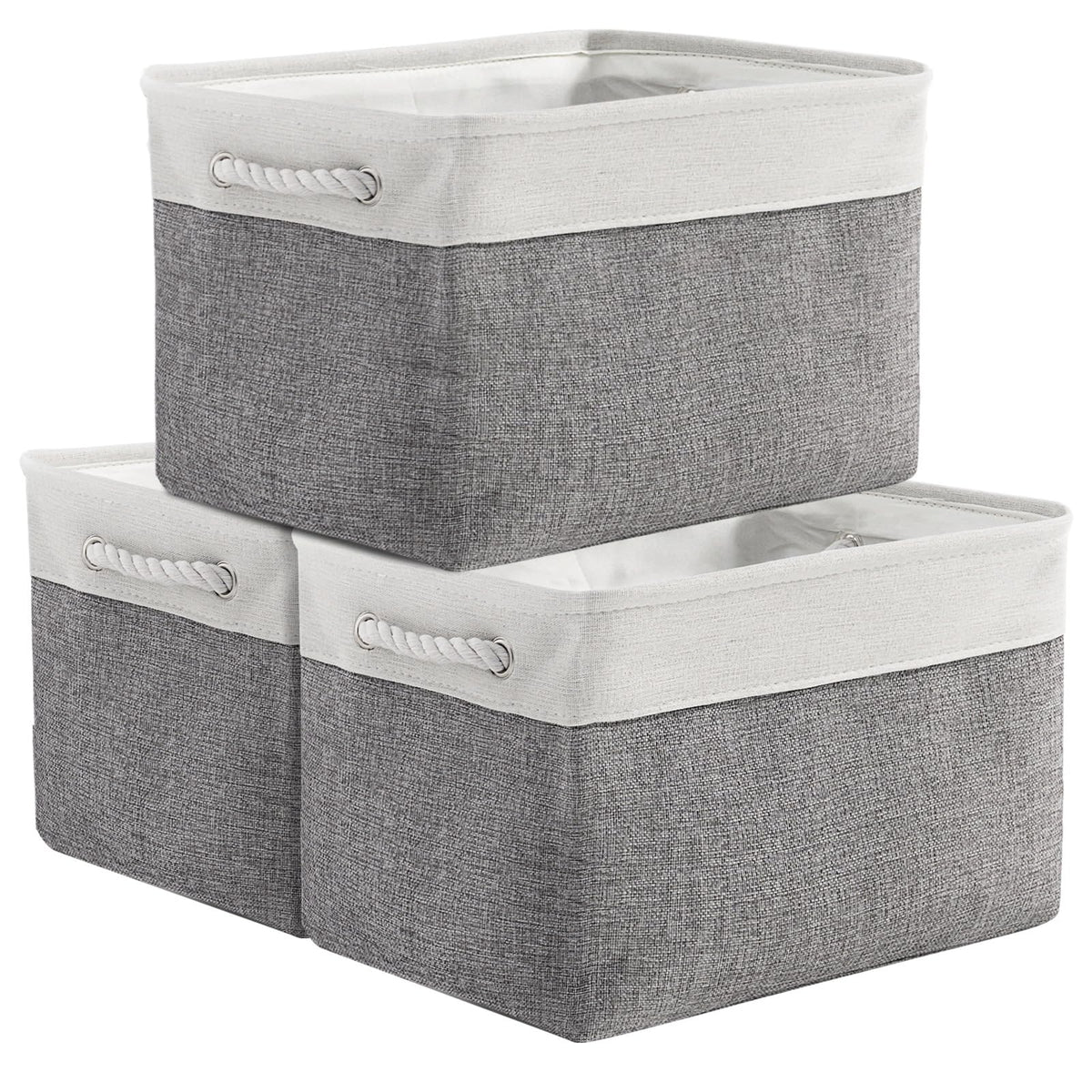 TheWarmHome Storage Basket for Organizing - 14x10x7 inch Medium 3 Pack Collapsible Storage Bin for Shelves with Handles, Canves Storage Box for Organizer Cubes Cloth Gift Toy Closet (White & Khaki)
