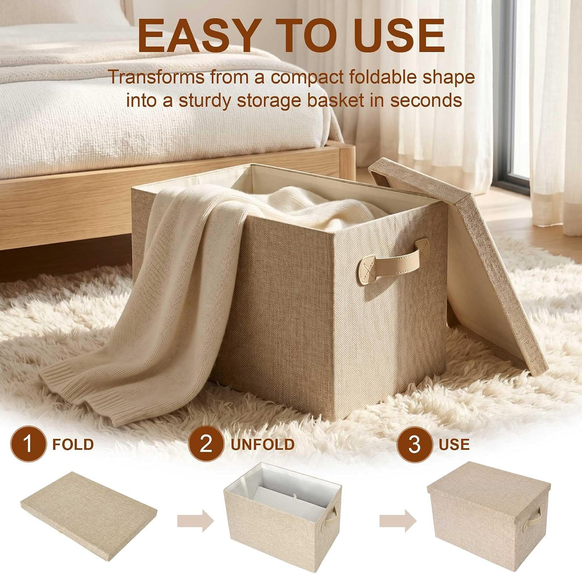 Heavy Duty Fabric Storage Bins with Lids, Collapsible Organizer Baskets