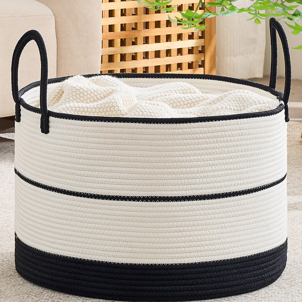 KAKAMAY Large Blanket Basket with Handles, Storage Basket for Living Room