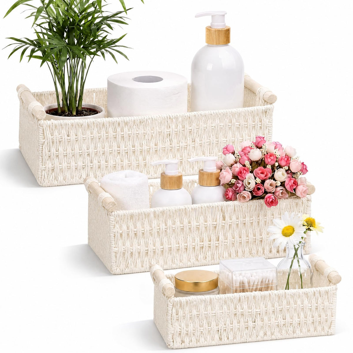 Boao 3 Pcs Boho Storage Wicker Baskets Handmade Woven Decorative Paper Rope Baskets for Organizing with Handle Countertop Toilet Paper Storage Container for Toilet Tank Top