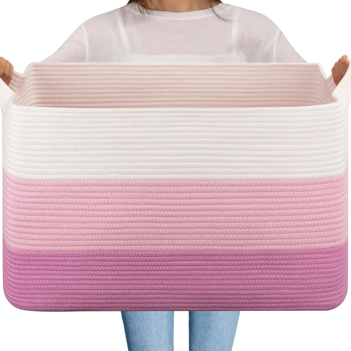 OIAHOMY Extra Large Blanket Basket, 110L Cotton Rope Woven Laundry Basket, Toy Bin for Baby Room, Container for Blanket Storage in Living Room, 24.8''×17.3''×15.8'', Gradient Grey