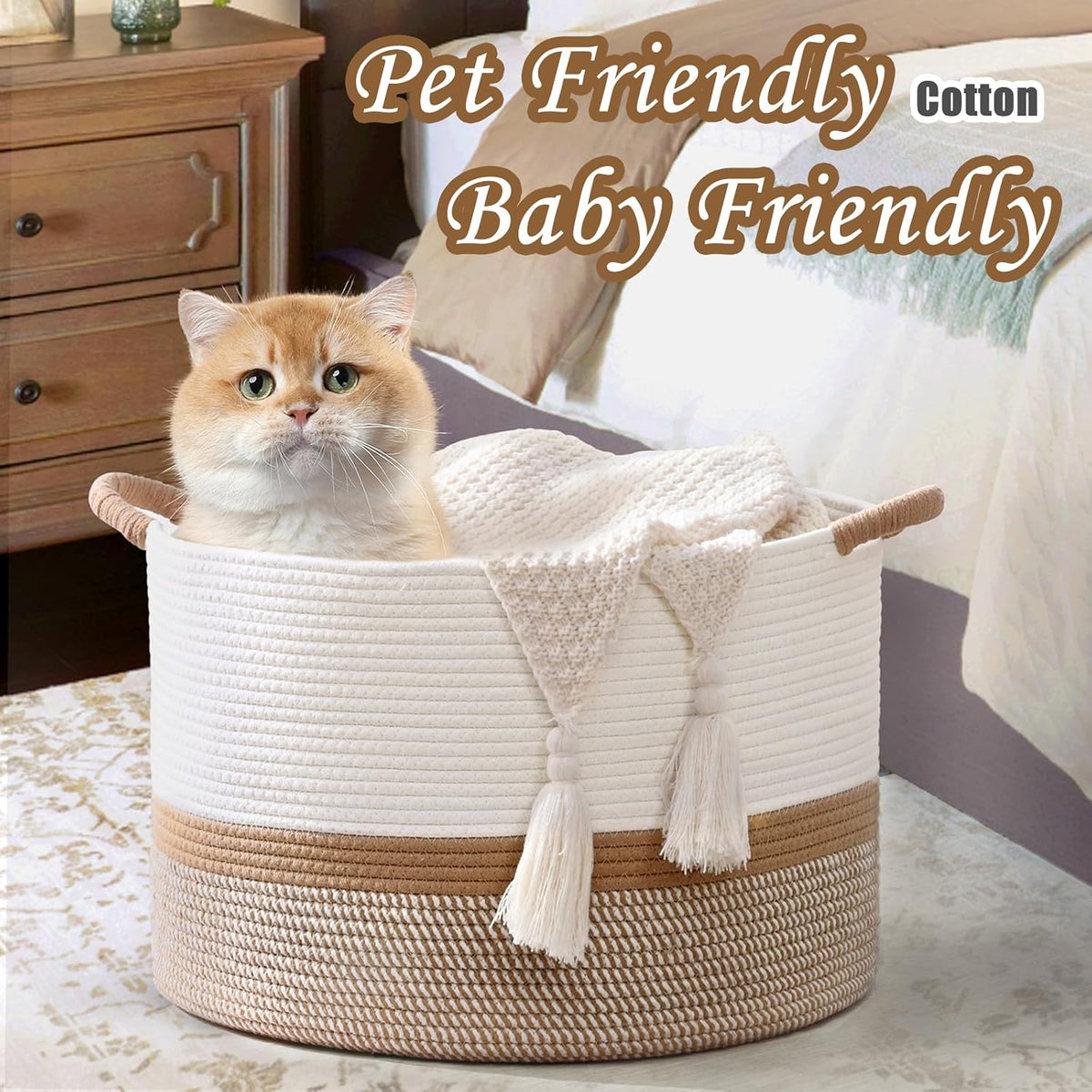 45L Blanket Basket, 17.5"x11.5" Woven Storage Baskets With Handle, Cotton Rope Blanket Basket Living Room, Baby Laundry Basket for Blanket, Nursery, Toy, Pillow (White & Brown)
