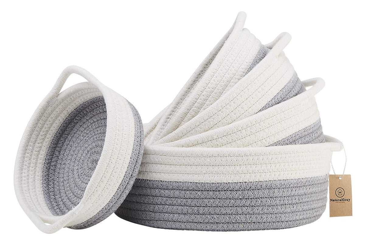 5-Piece Round Woven Cotton Rope Storage Baskets for Organizing, Small Shallow Nesting Set for Montessori Toys, Entryway Catchall, Fruit Bowl, Key Tray, Remote Holder, Nursery & Pet Toys