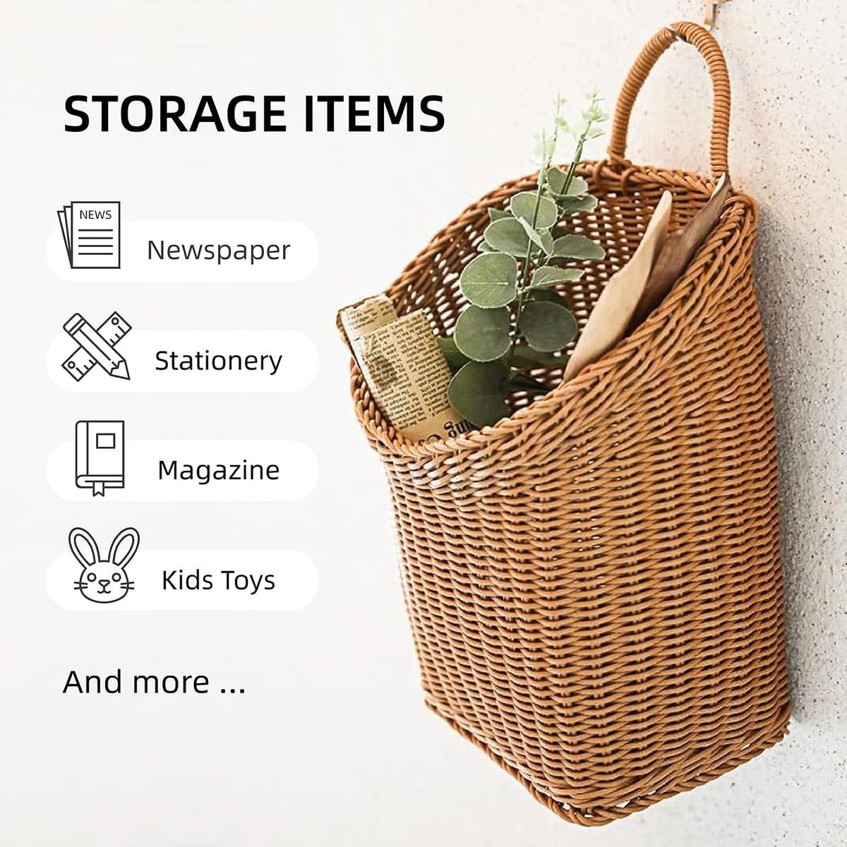 Woven Hanging Wicker Basket for Door, Handmade Rattan Hanging Wall Baskets for Garden Farmhouse Home (Brown)