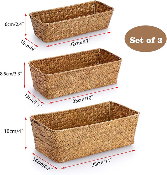 3 Natural Wicker Basket Set Rectangular Seagrass Basket, Caramel