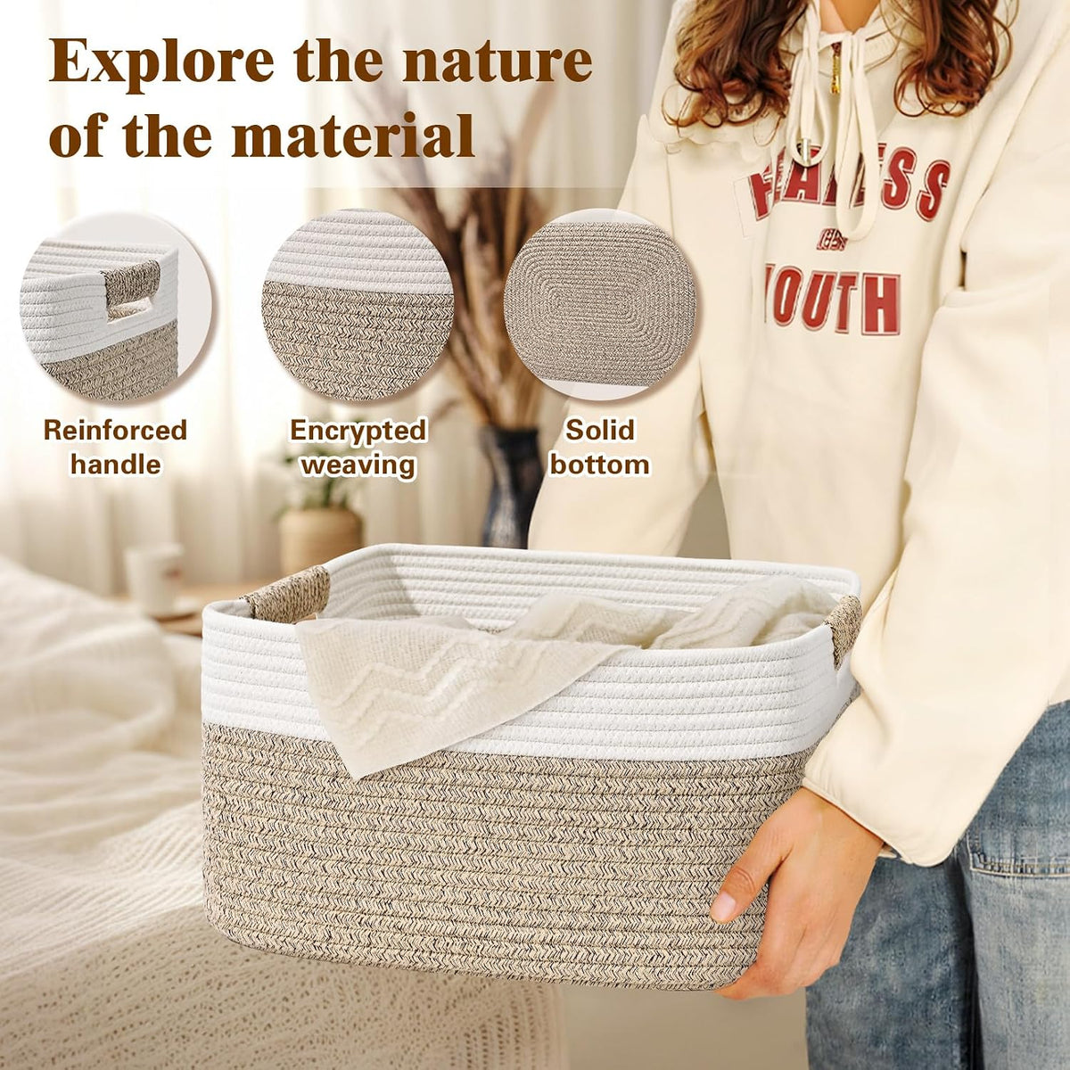 2 Pack Large Storage Basket for Organizing, 17.5"x13"x7" Woven Basket for Shelves, Closet Cube Storage Bins with Wrapped Handle, Cotton Rope Baskets for Kitchen, Clothes, Toys(Off White & Brown)