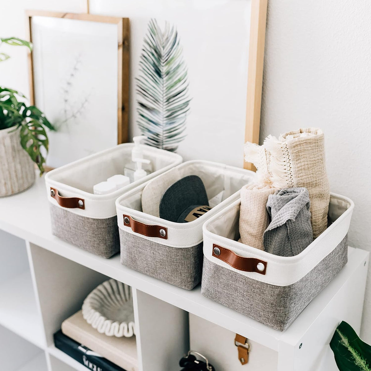 OrganiHaus 12x8in Canvas Storage Baskets, 3 Pack - Fabric Bins for Shelves