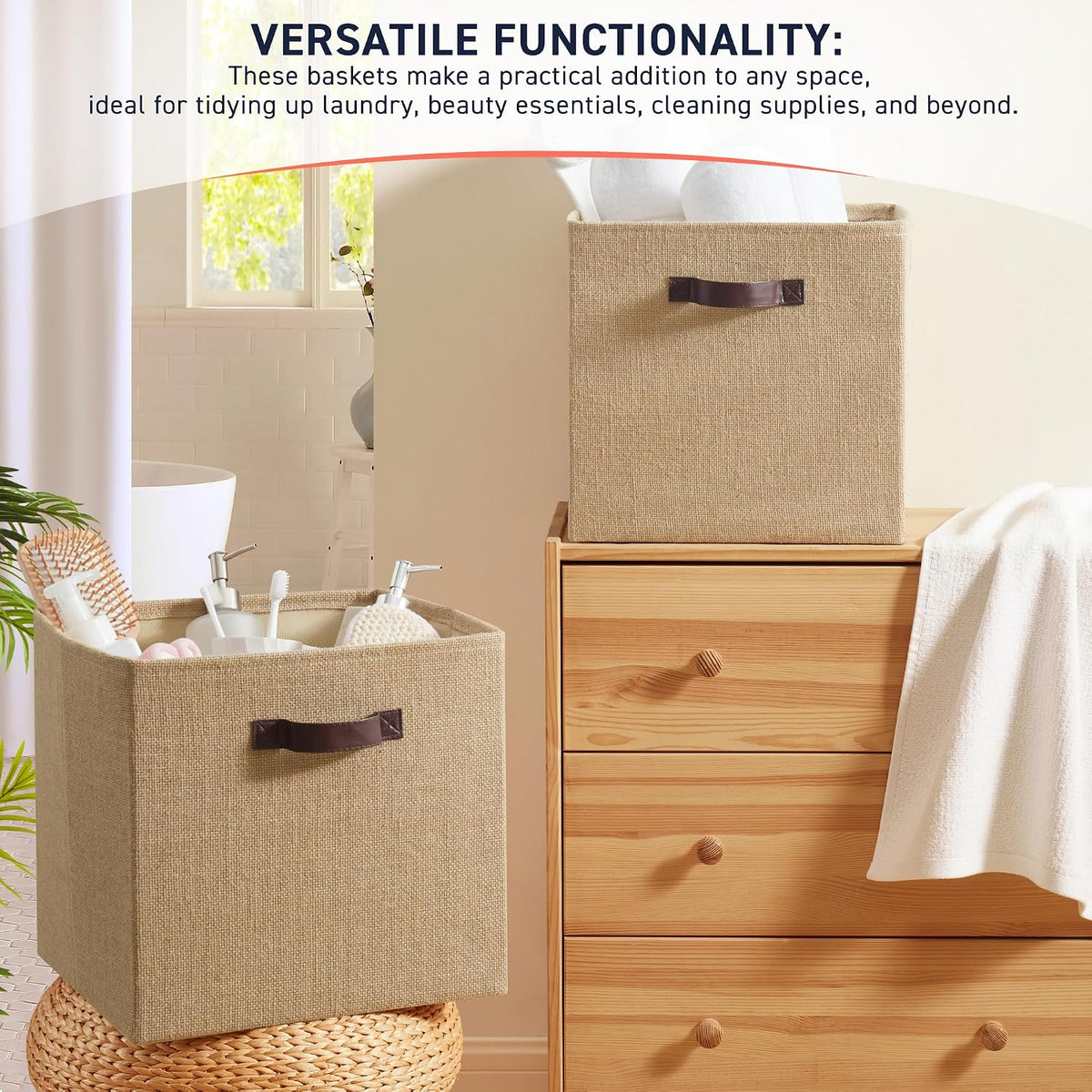 Ornavo Home 10.5x10.5 Jute Storage Cube Bins, 6 Pack, Leather Handles