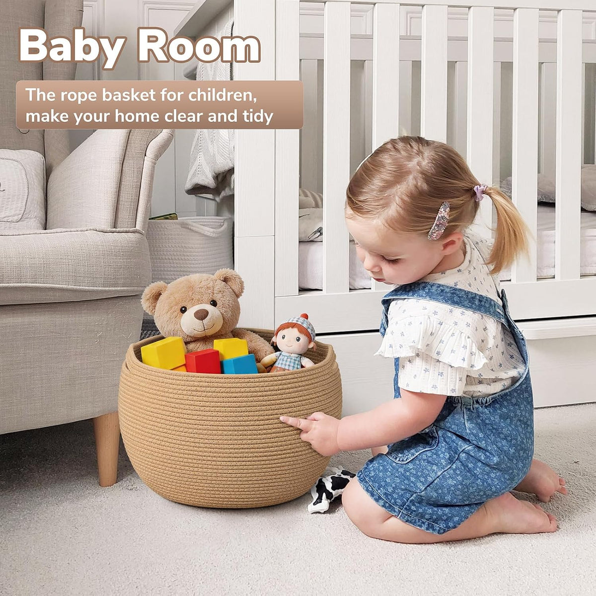 Goodpick Large Toy Storage Basket for Kids, Round, 15.7" x 10.5", Camel
