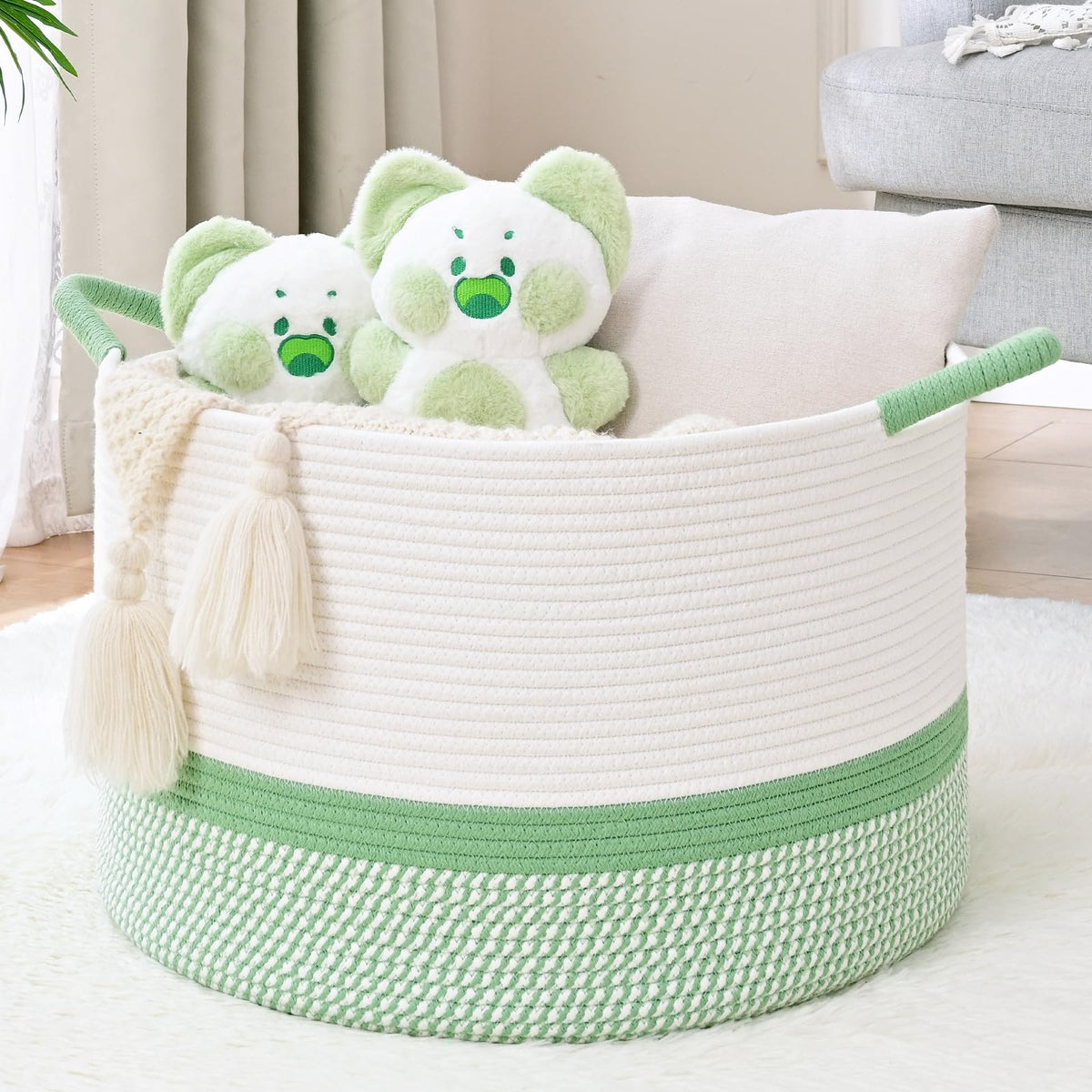 45L Blanket Basket, 17.5"x11.5" Woven Storage Baskets With Handle, Cotton Rope Blanket Basket Living Room, Baby Laundry Basket for Blanket, Nursery, Toy, Pillow (White & Brown)