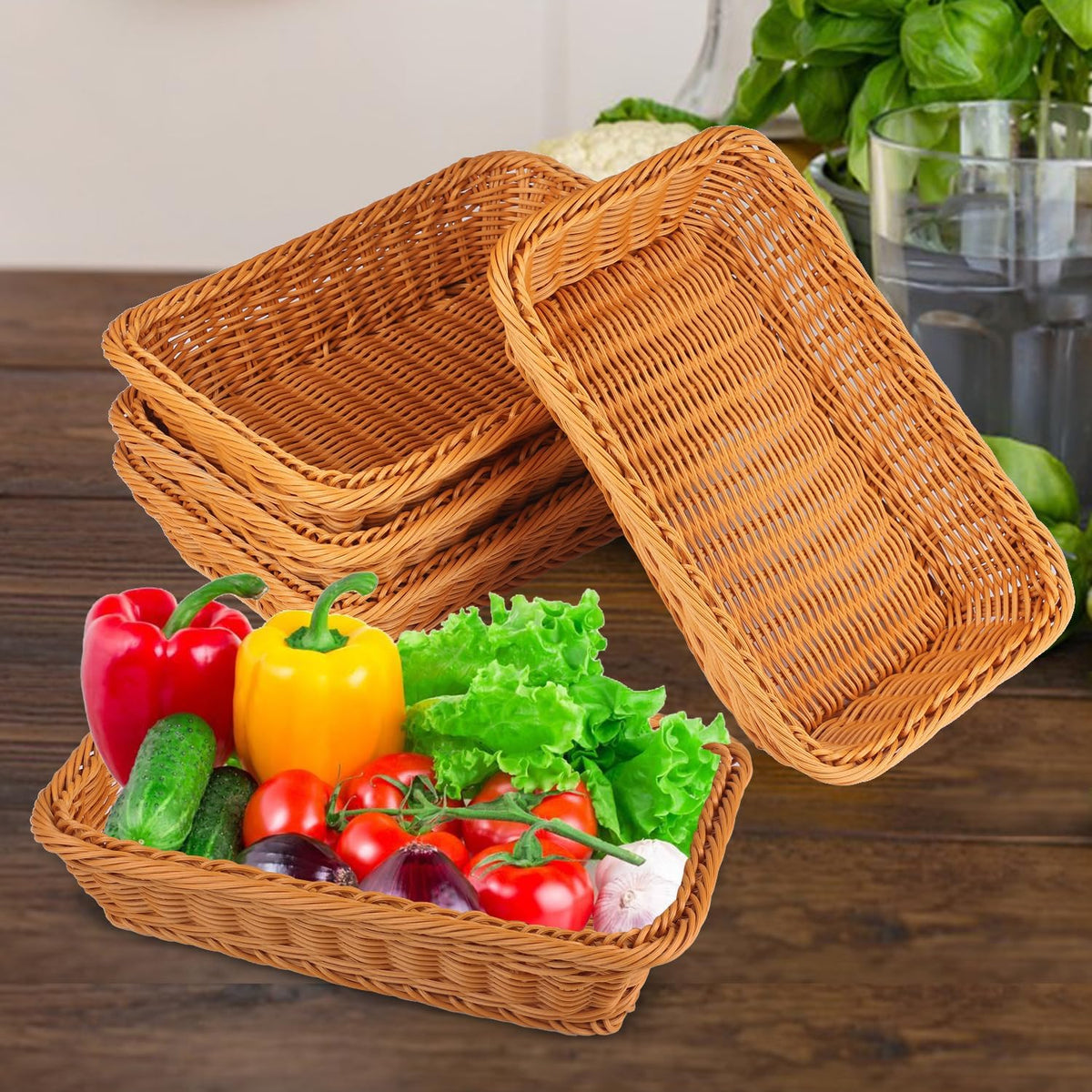 Poly Wicker Baskets 6 Pack 12 inch Large Wicker Baskets Storage – Rustic, Durable & Easy-Cleaning Bread Baskets, for Home, Restaurant & Hotel Use