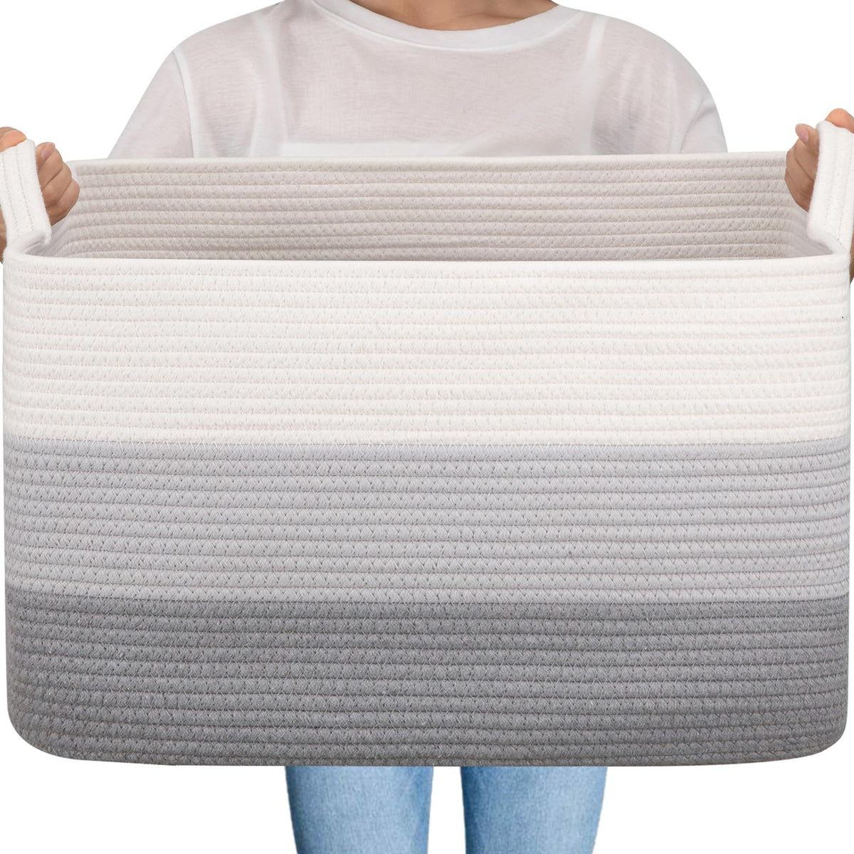 OIAHOMY Extra Large Blanket Basket, 110L Cotton Rope Woven Laundry Basket, Toy Bin for Baby Room, Container for Blanket Storage in Living Room, 24.8''×17.3''×15.8'', Gradient Grey