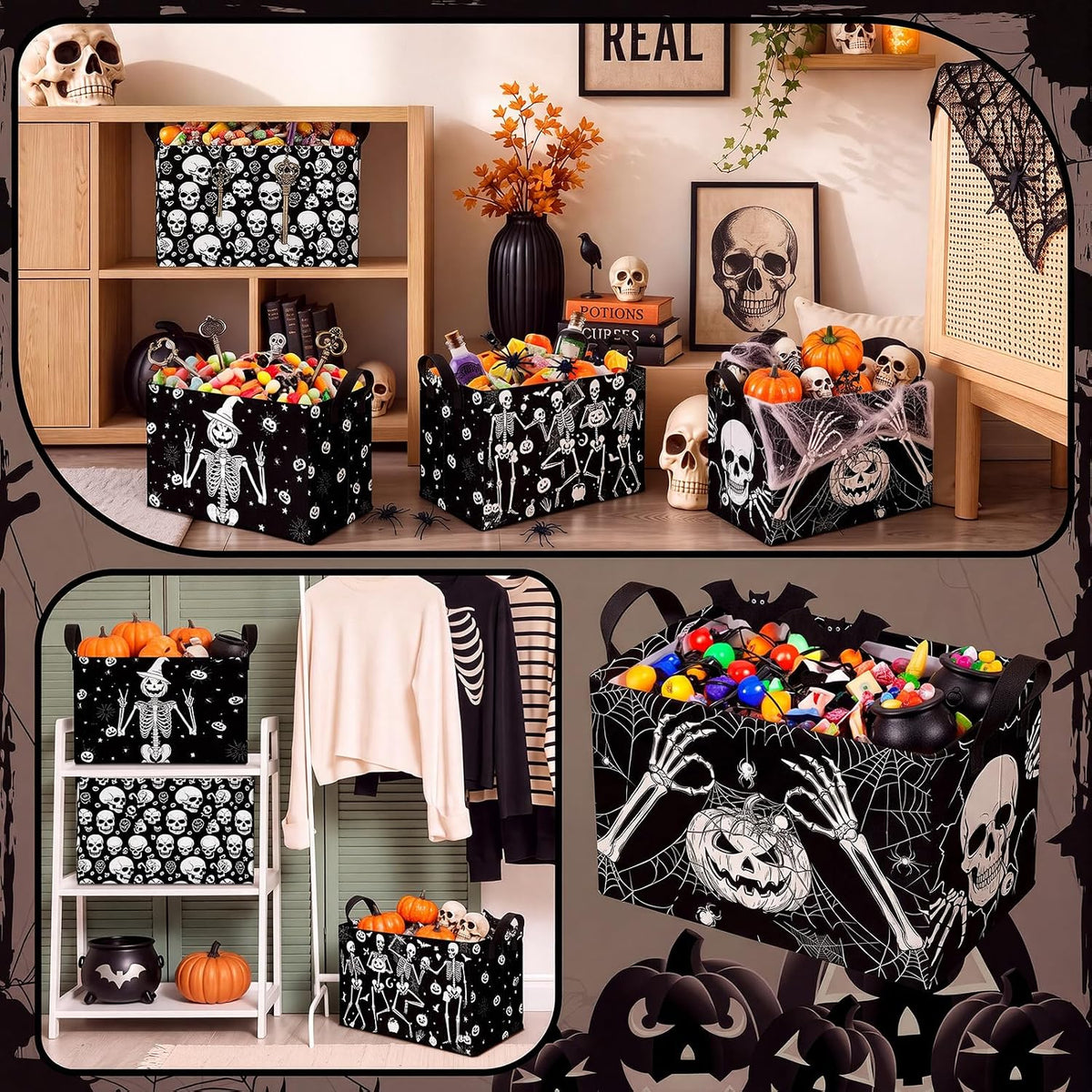 4 Pcs Halloween Storage Basket for Gifts Large Spooky Skeleton Storage Bins with Handles 15 x 10 x 8 Fabric Laundry Baskets Halloween Skull Collapsible Organizer Boxes for Home Cloth Toys Book